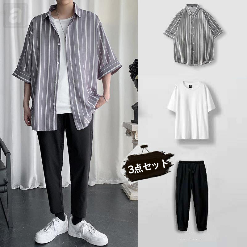 白色/T恤+灰色豎條紋/襯衫+黑色/褲子