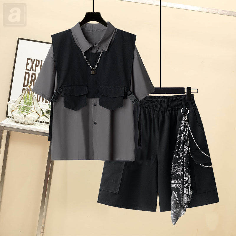 灰色襯衫+馬甲+腰帶短褲