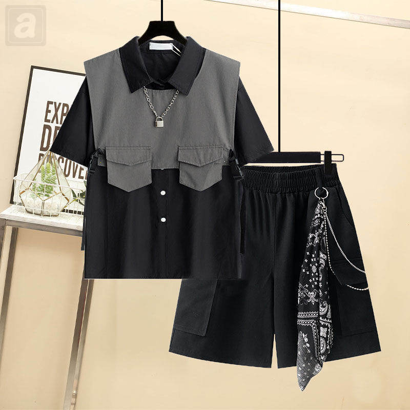 黑色襯衫+馬甲+腰帶短褲