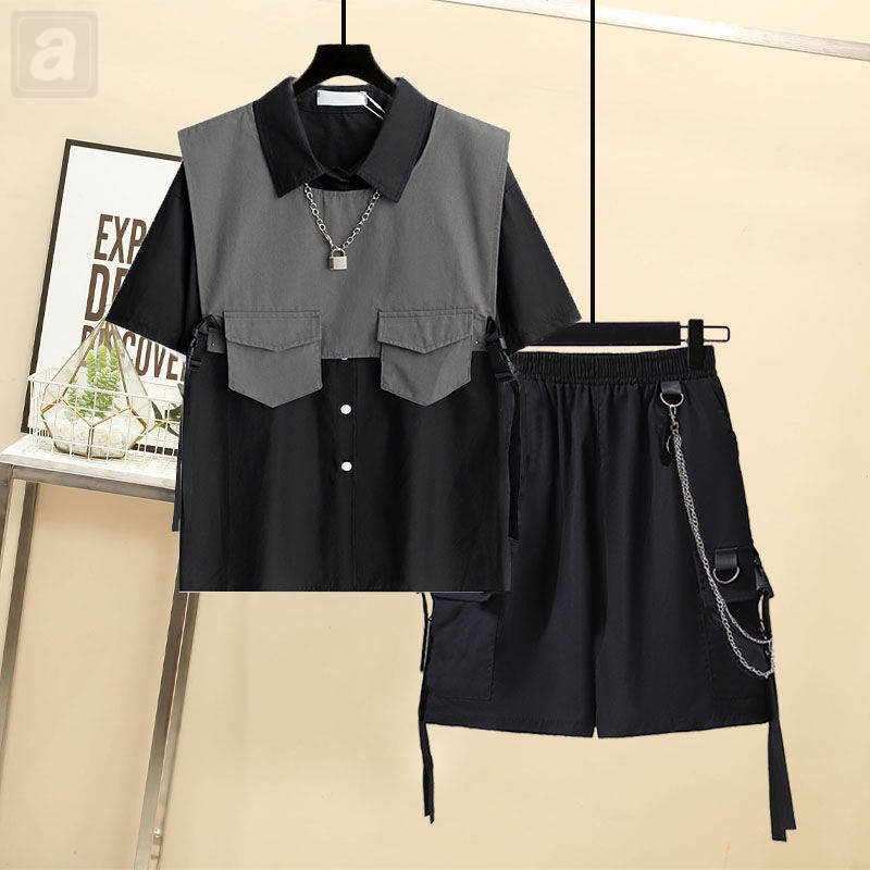黑色襯衫+馬甲+鏈條短褲