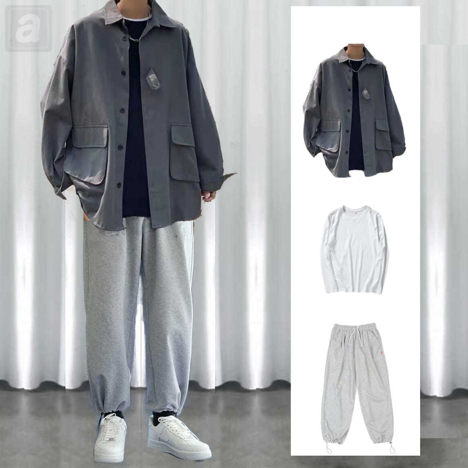 灰色夾克+T恤+灰色褲子