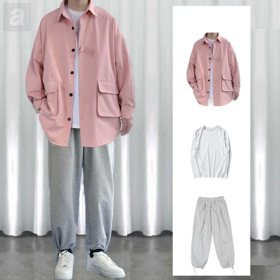 粉色夾克+T恤+灰色褲子