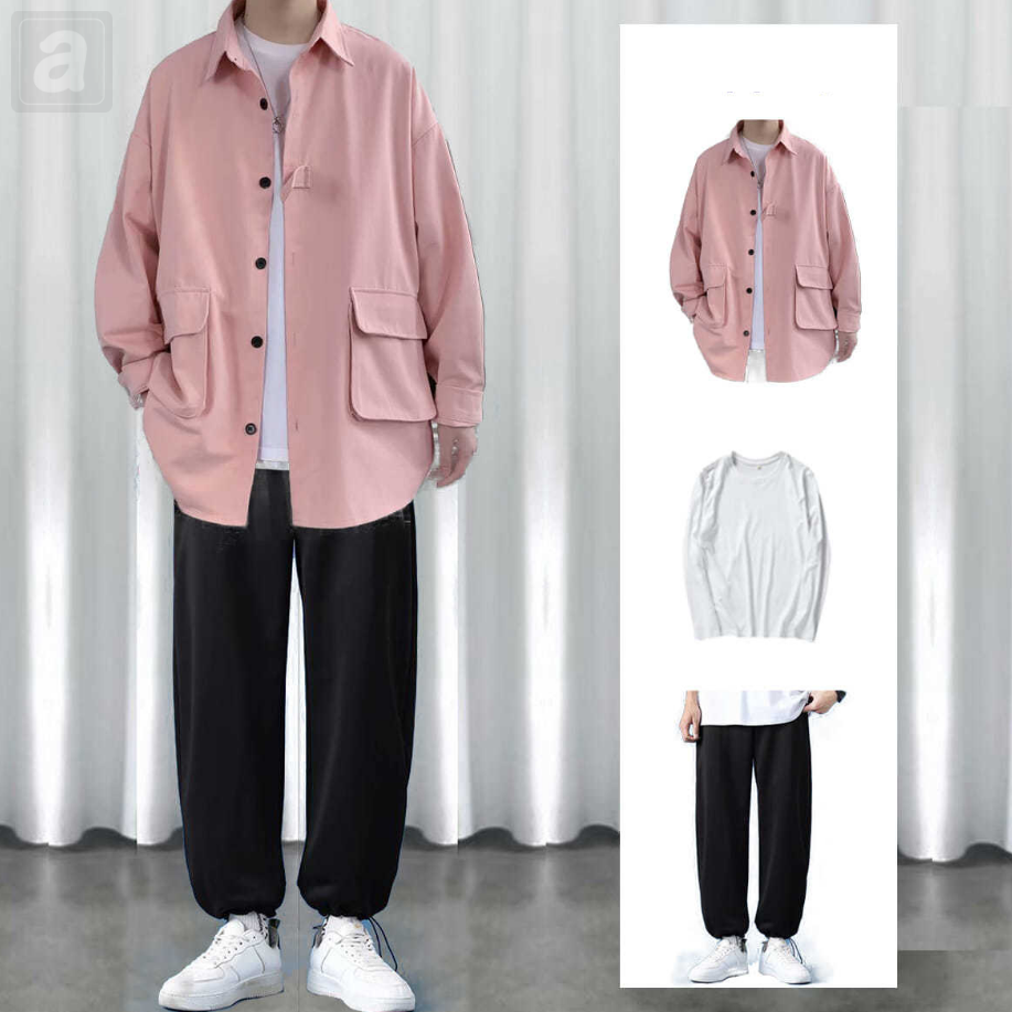 粉色夾克+T恤+黑色褲子
