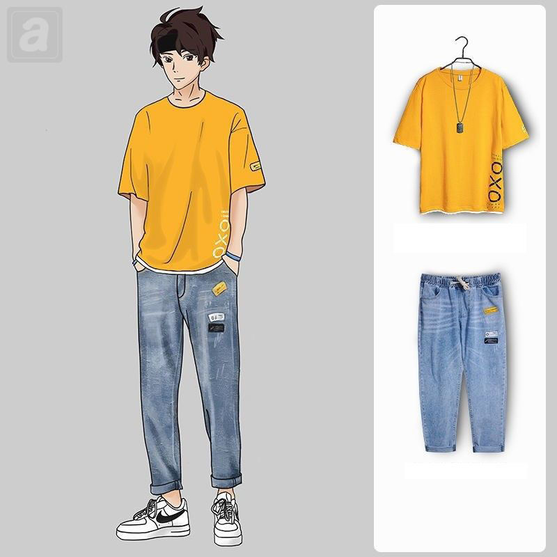 黃色/T恤+藍色/牛仔褲
