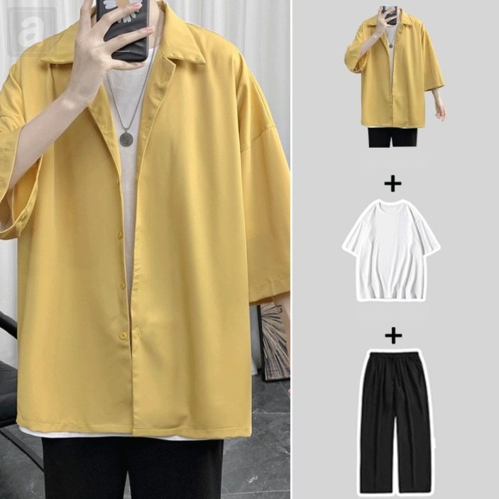 黃色/襯衫+白色/T恤/黑色/褲子