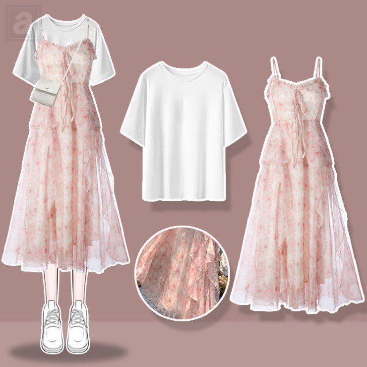 白色/T恤+粉色/洋裝
