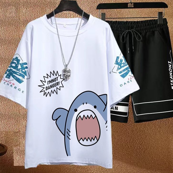 白色/T恤/鯊魚+黑色/短褲