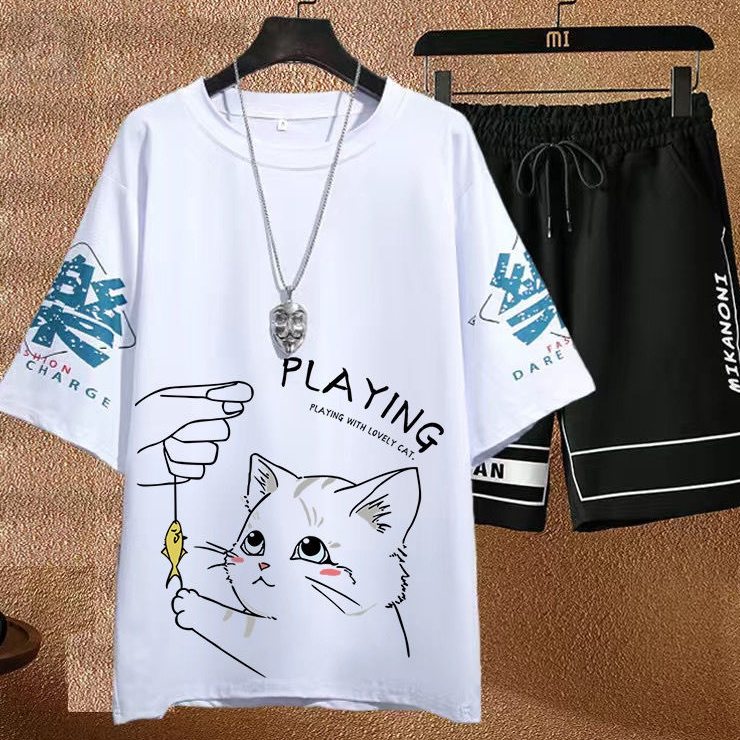 白色/T恤/吃魚小貓+黑色/短褲