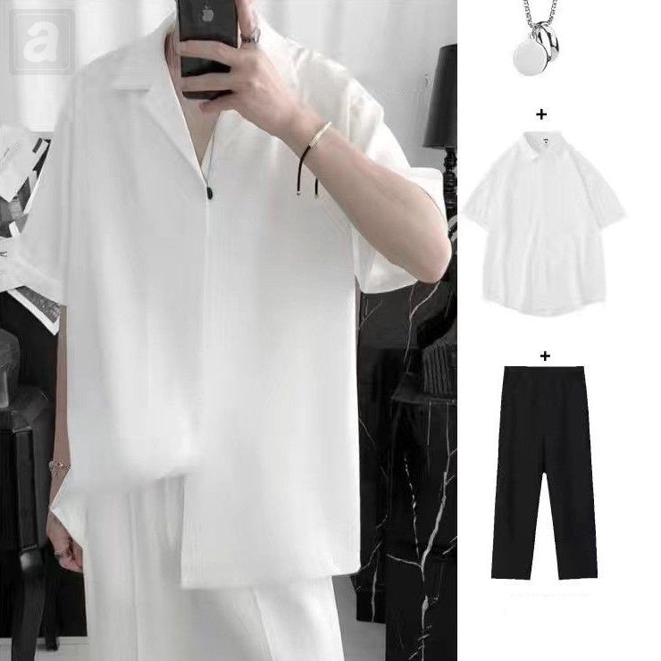 白色/襯衫+黑色/西褲+項鏈