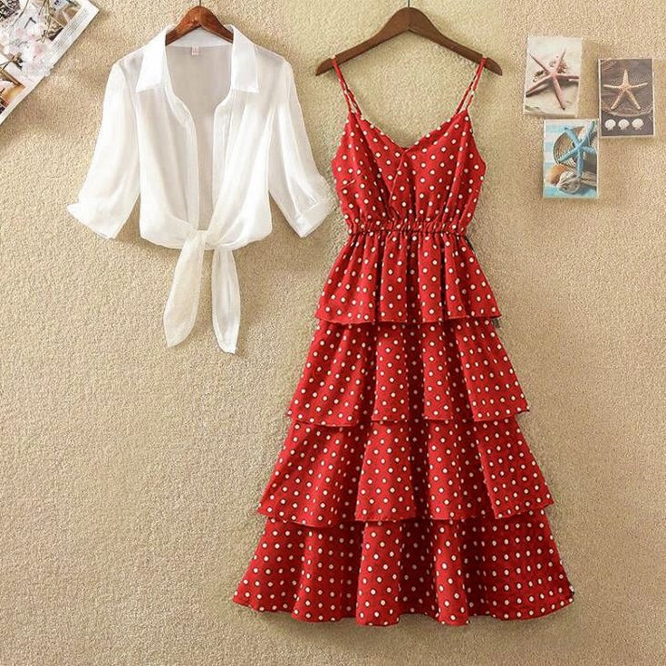 白色/襯衫+紅色/洋裝