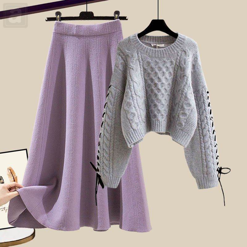灰色毛衣+紫色/半身裙