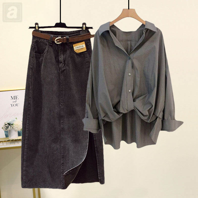 灰色/襯衫+黑色/半身裙類