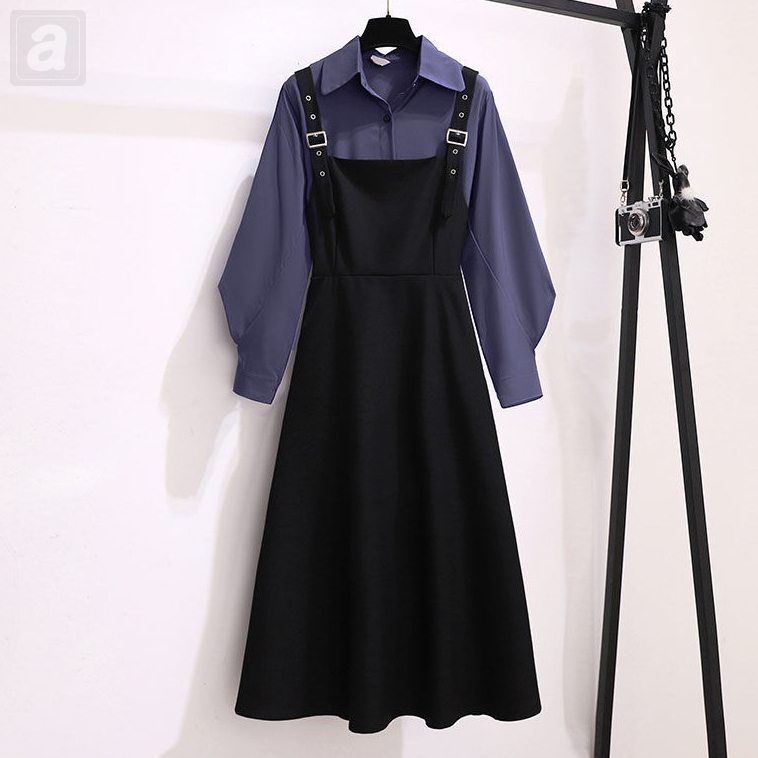 藍色襯衫+黑色揹帶裙