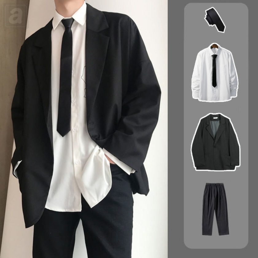 黑色/西裝外套+黑色/領帶+白色/襯衫+黑色/褲子