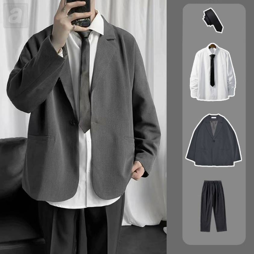 灰色/西裝外套+黑色/領帶+白色/襯衫+黑色/褲子