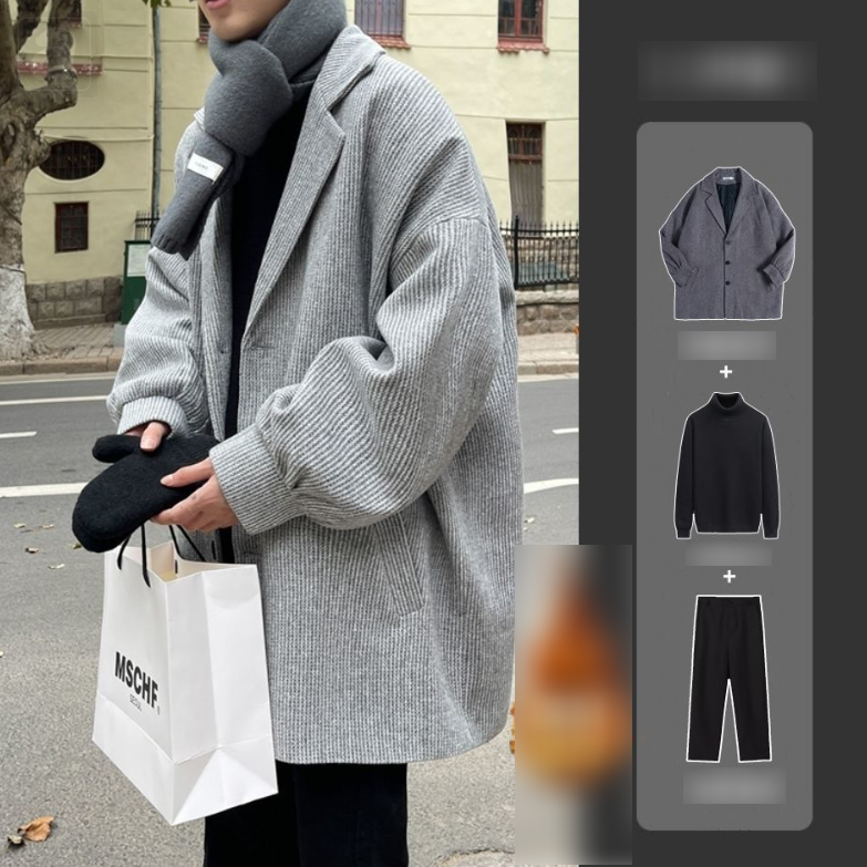 淺灰色/大衣+黑色/毛衣+黑色/褲子
