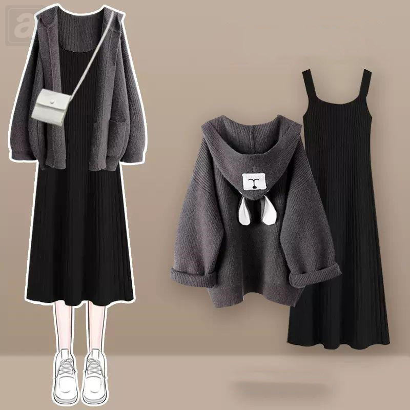 灰色/開衫+黑色/連衣裙
