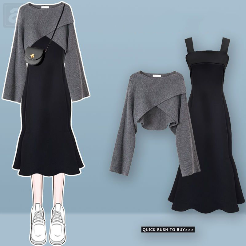 灰色針織毛衣+黑色連衣裙