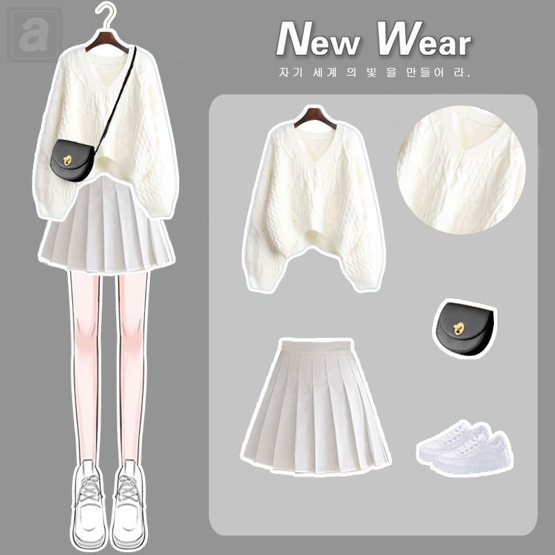 白色/毛衣+白色/半身裙類