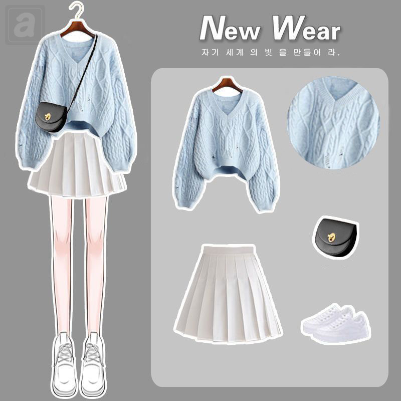 藍色/毛衣+白色/半身裙類