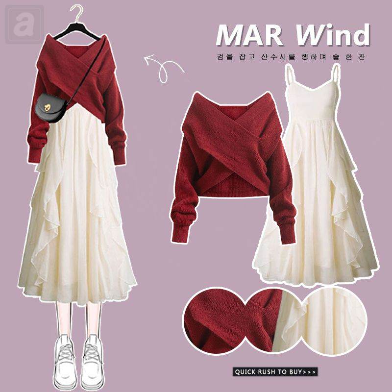紅色/針織+白色/洋裝