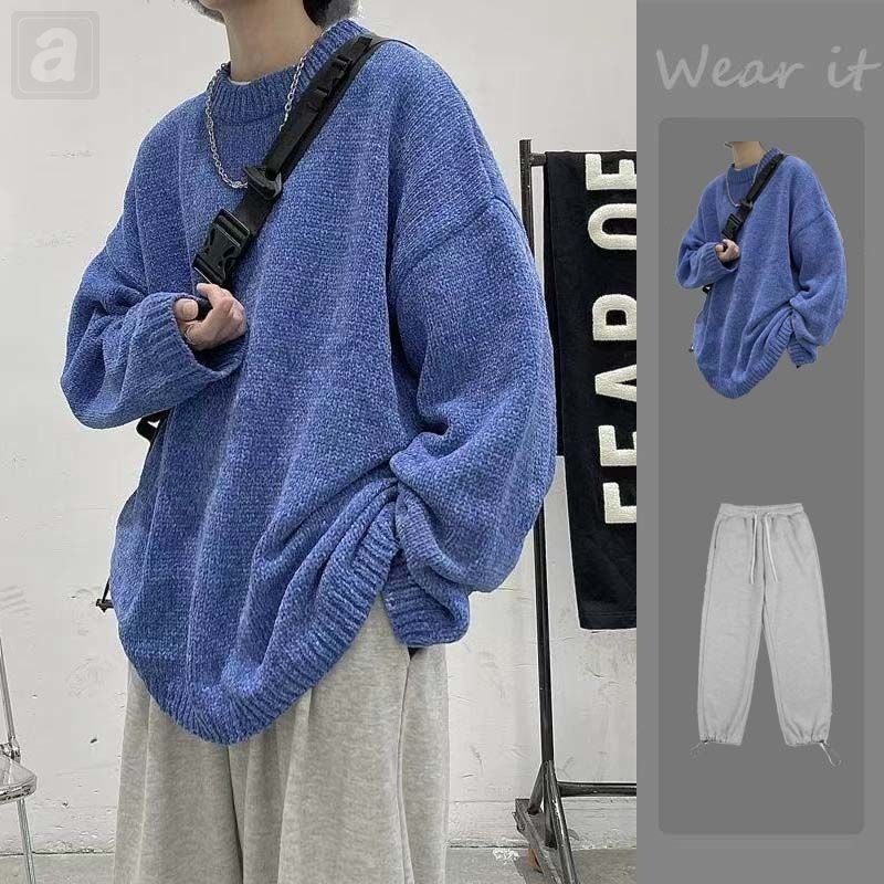 藍色/毛衣+灰色/休閒褲