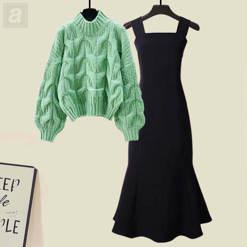 綠色/毛衣+黑色/洋裝