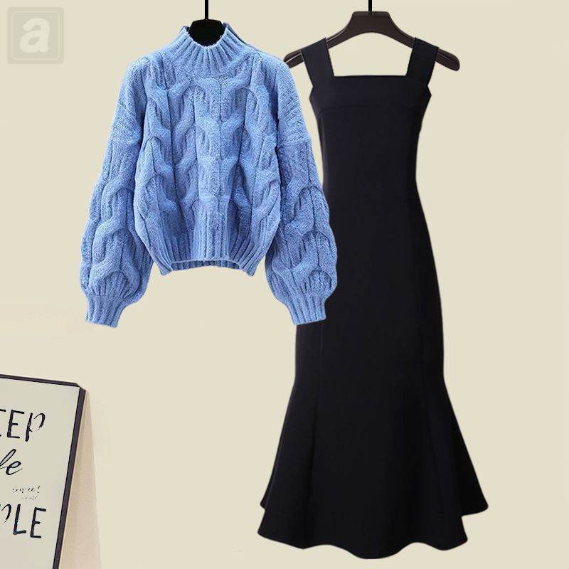 藍色/毛衣+黑色/洋裝