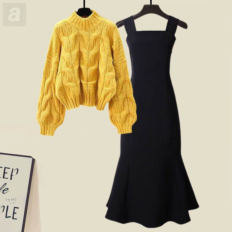 黃色/毛衣+黑色/洋裝