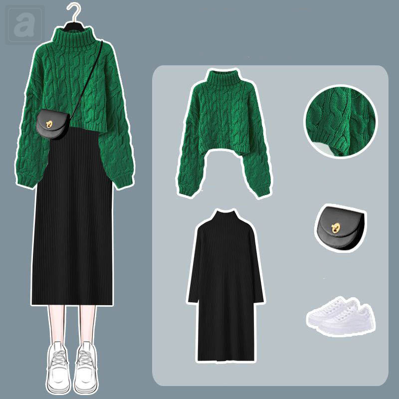 綠色毛衣+黑色連衣裙