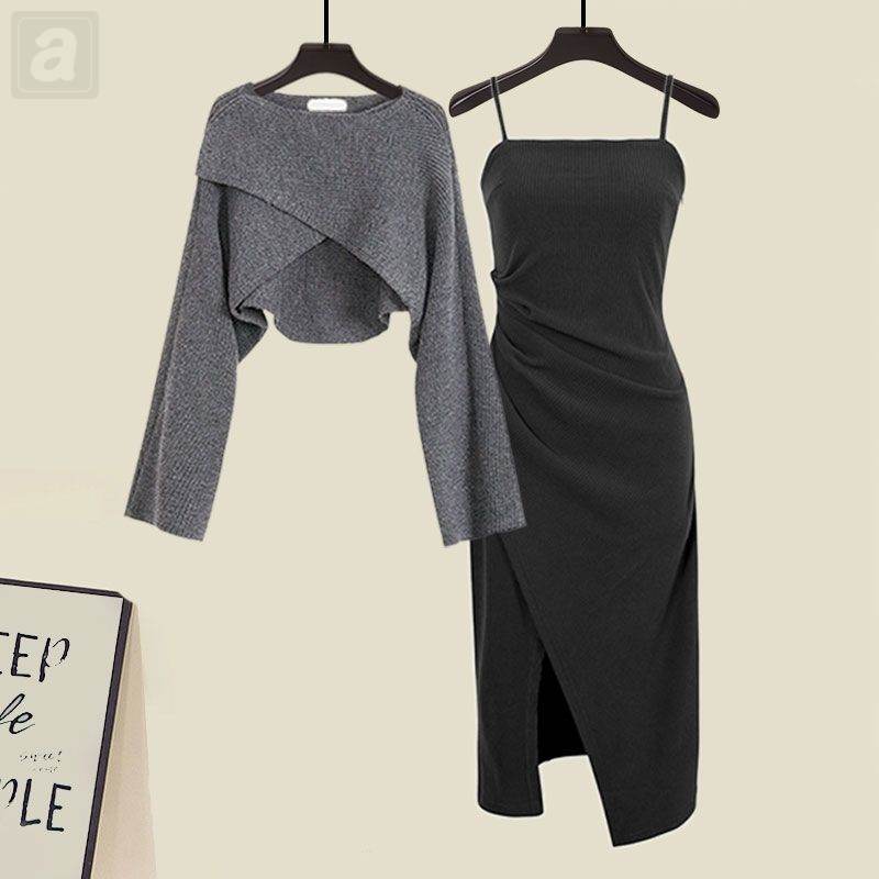 灰色/針織衫+黑色/洋裝