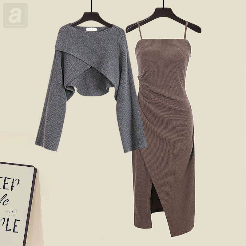 灰色/針織衫+咖啡色/洋裝