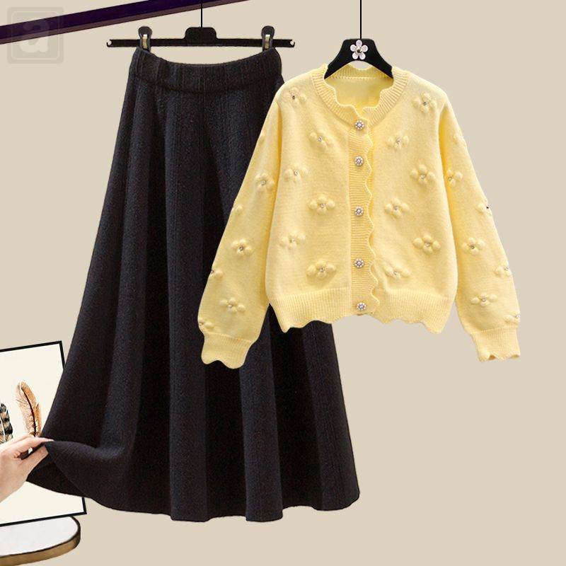 黃色/開衫+黑色/半身裙