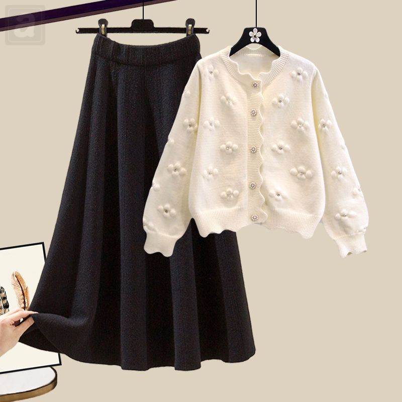 米白色/開衫+黑色/半身裙