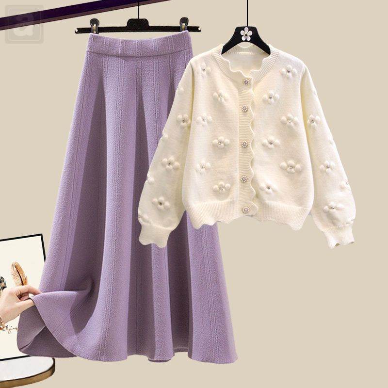 米白色/開衫+紫色/半身裙