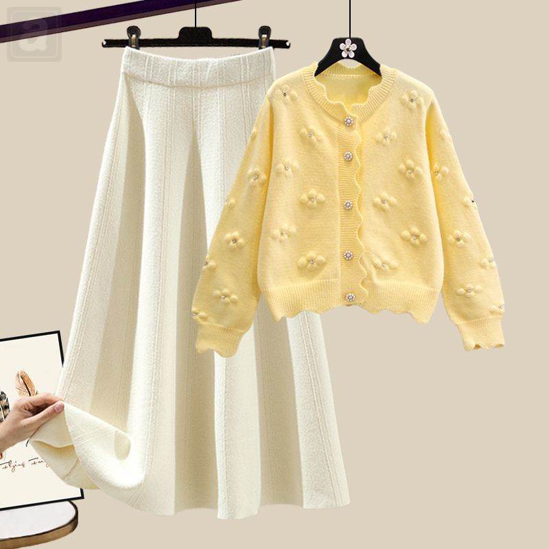 黃色/開衫+米白色/半身裙