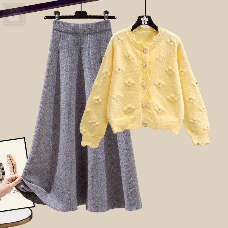 黃色/開衫+灰色/半身裙