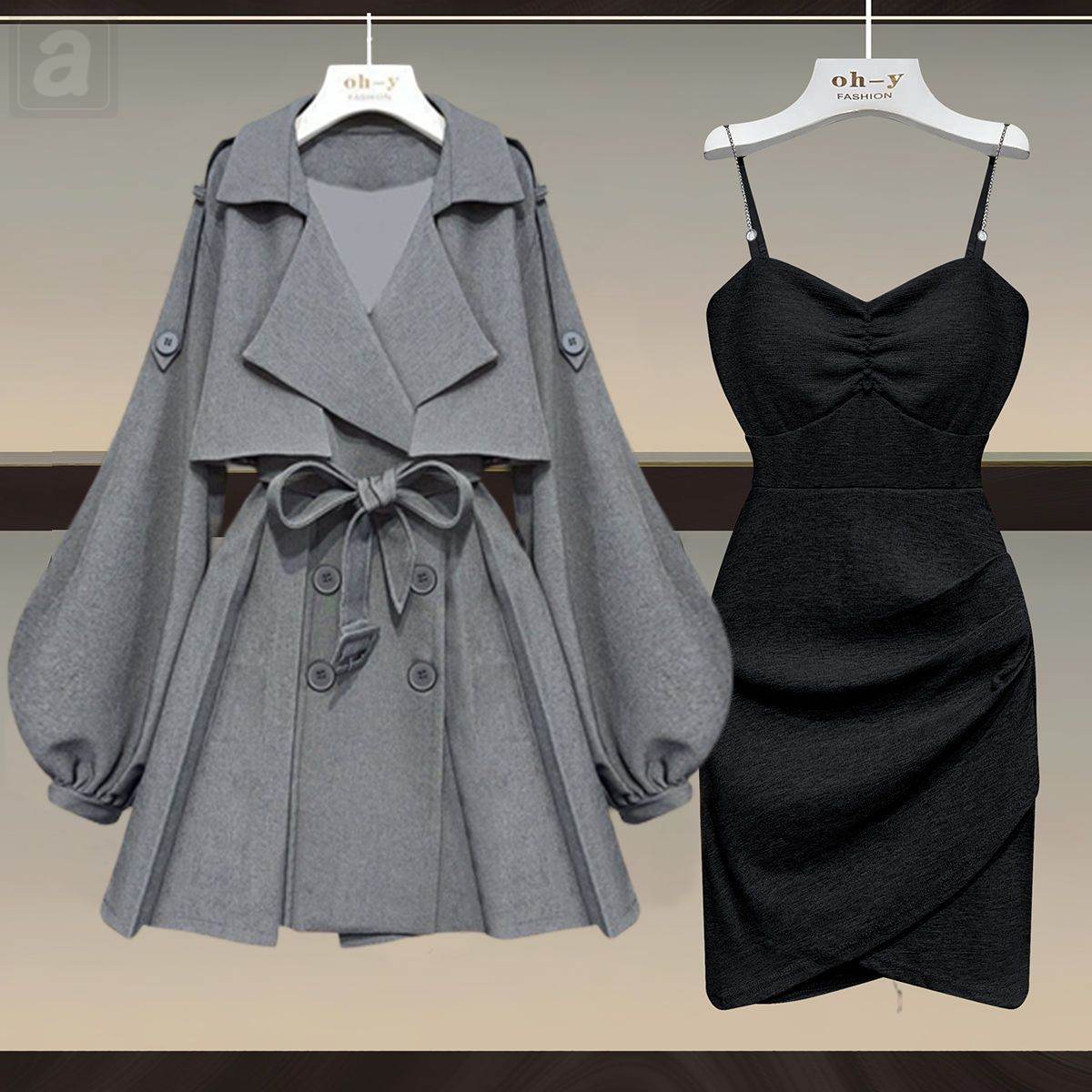 灰色/外套+黑色/吊帶裙