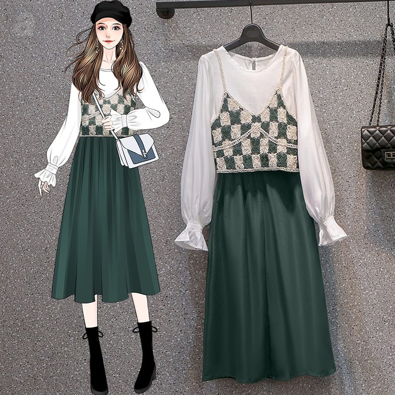 白色/雪紡衫+綠色/吊帶+綠色/半身裙