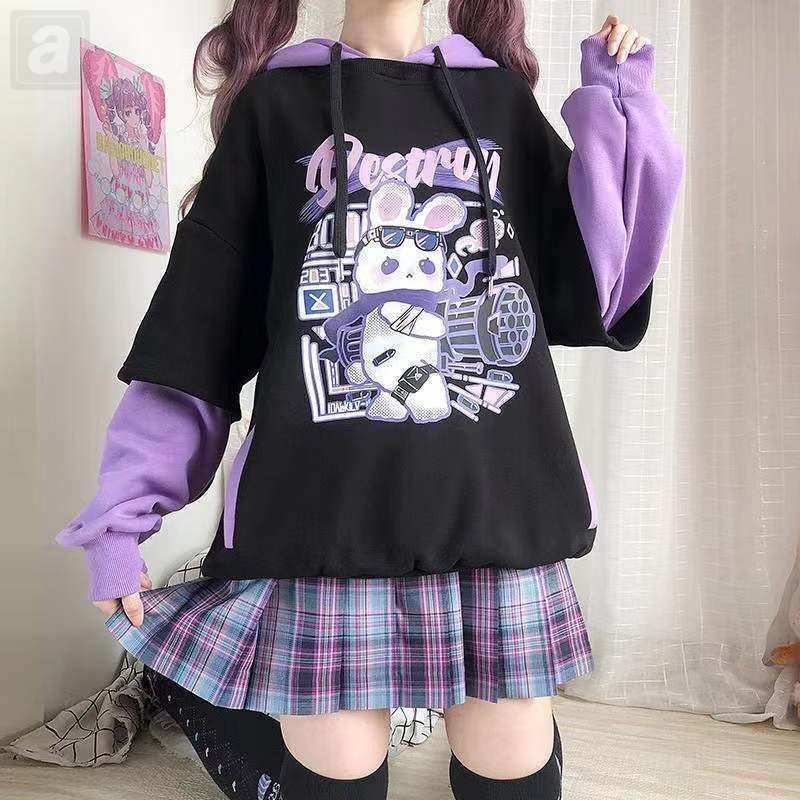 黑色/衛衣+紫色/百褶裙