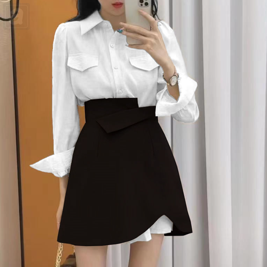 白色襯衫裙+黑色半身裙/兩件套
