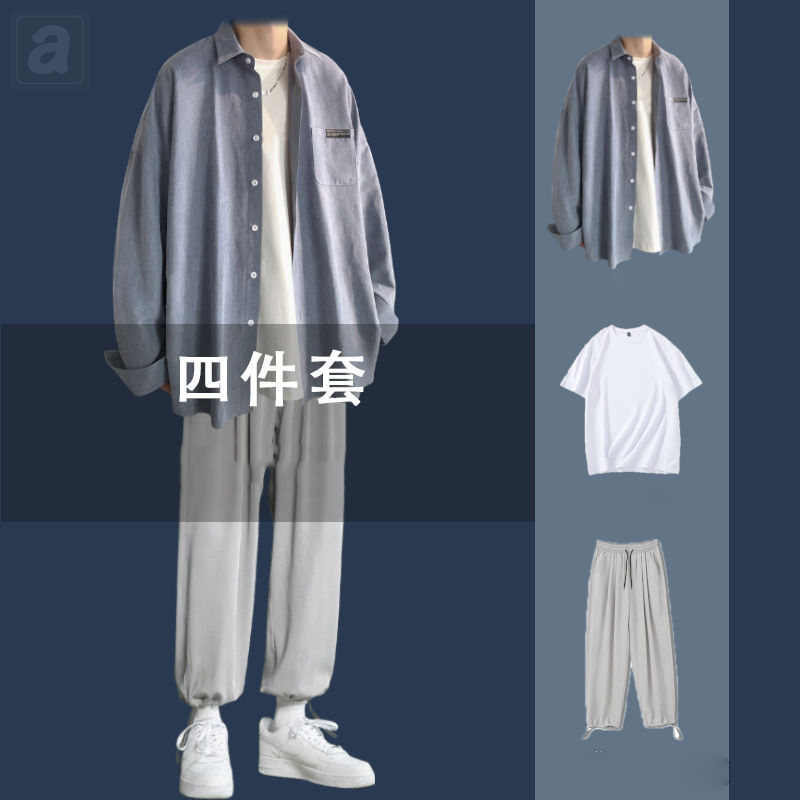 藍色/襯衫+白色/T恤+淺灰色/褲子+襪子