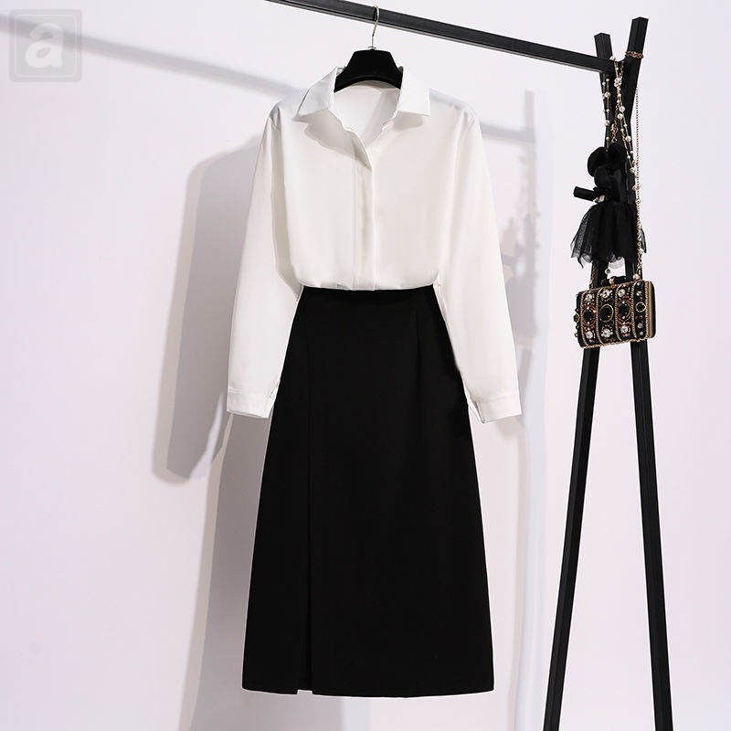 白色襯衫+黑色半身裙2件套