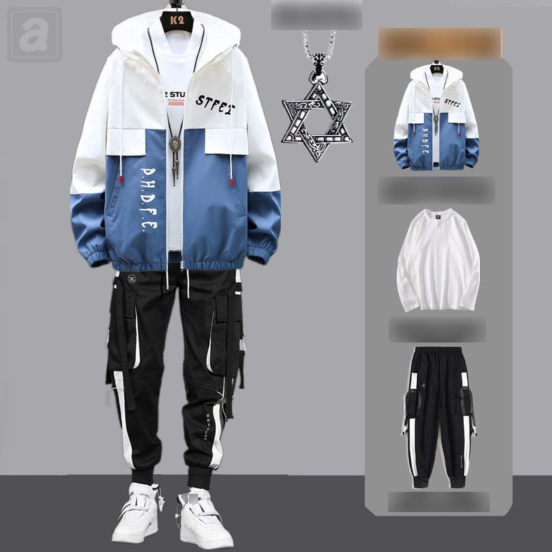 藍色夾克+白t+黑色休閑褲/三件套