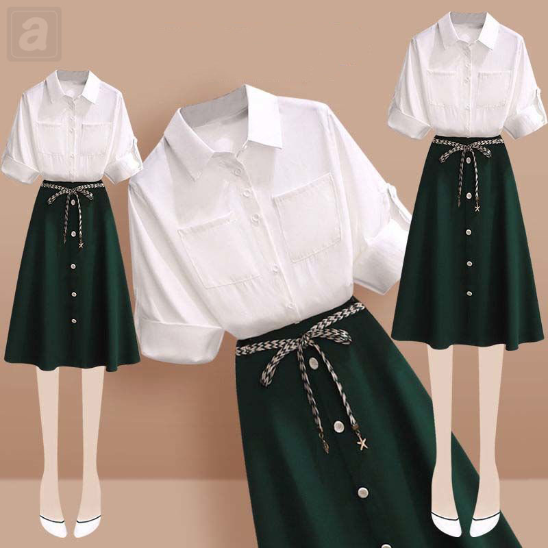 白色/襯衫+綠色/半身裙類