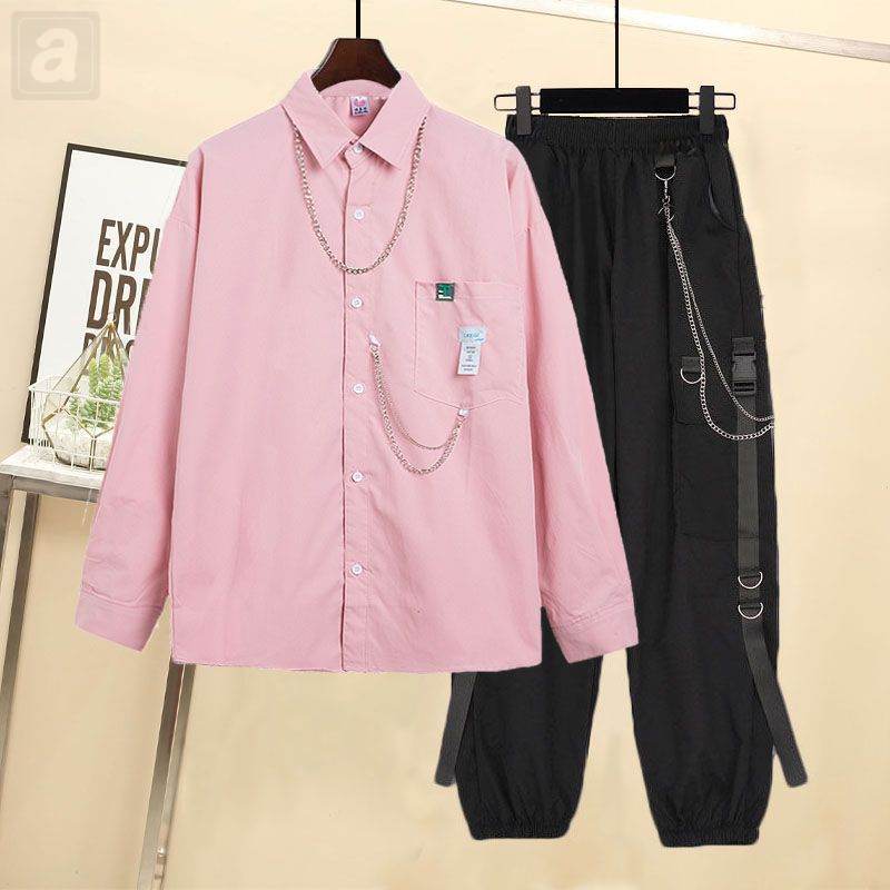 粉色襯衫+黑色褲子/2件套