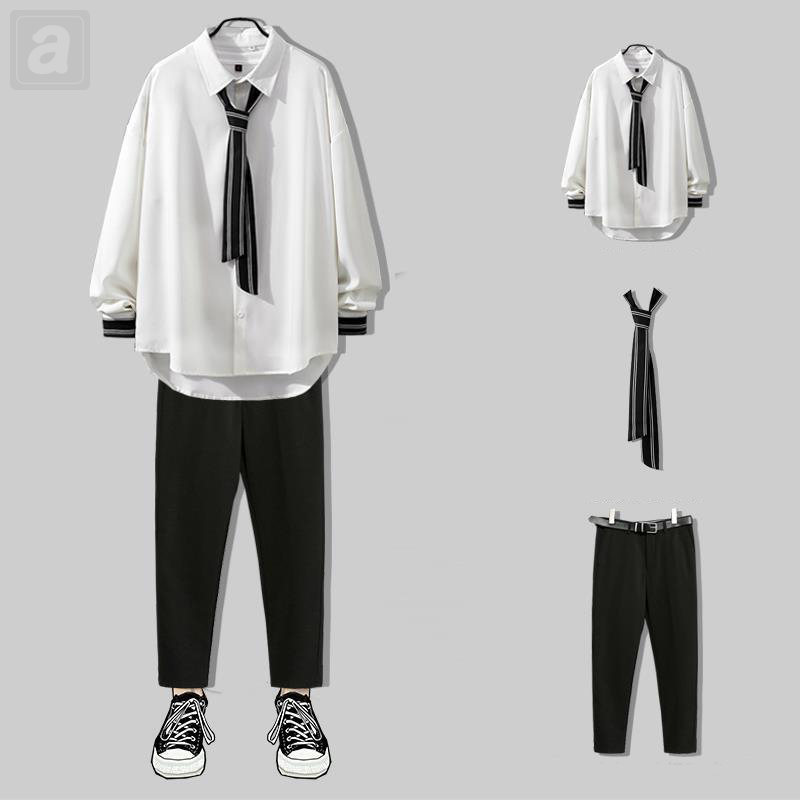 白色襯衫+黑色西褲+領帶