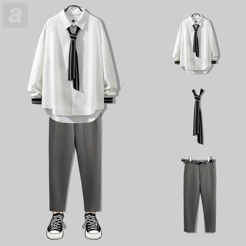 白色襯衫+深灰色西褲+領帶