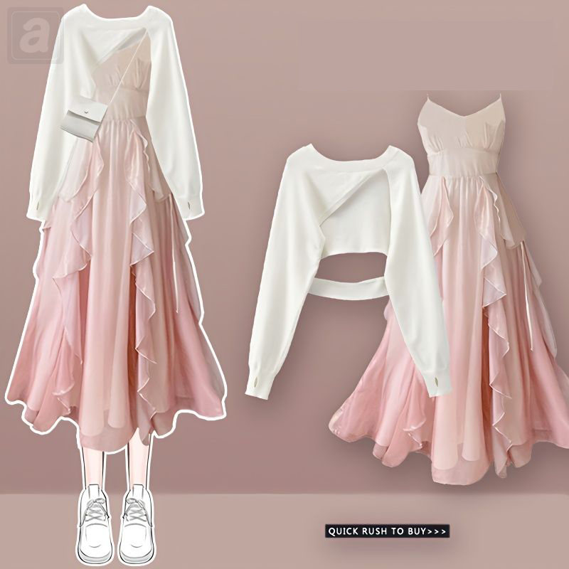 白色/衛衣+粉色/洋裝