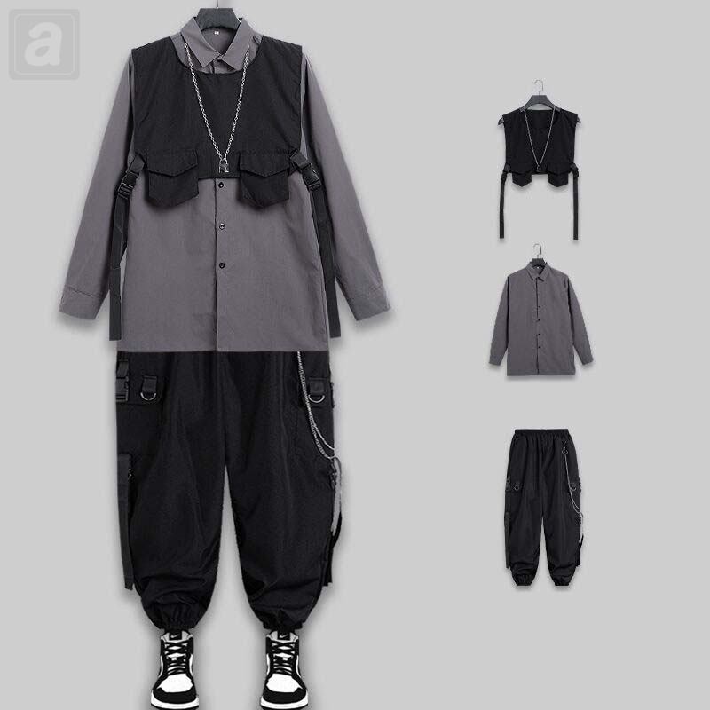 灰色/襯衫+黑色/馬甲+黑色/褲子
